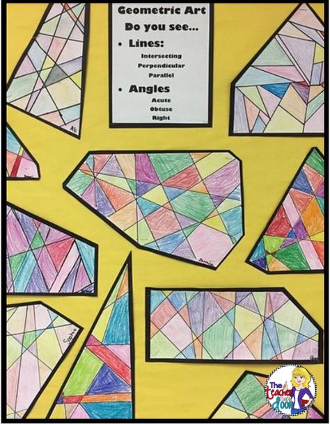 Lots of great ideas for adding art to the classroom! Math and art are a great fit! Math Art Projects, Geometry Projects, Geometry Activities, 4th Grade Art, Fourth Grade Math, Math Projects, Third Grade Math, Math Geometry, Math Workshop