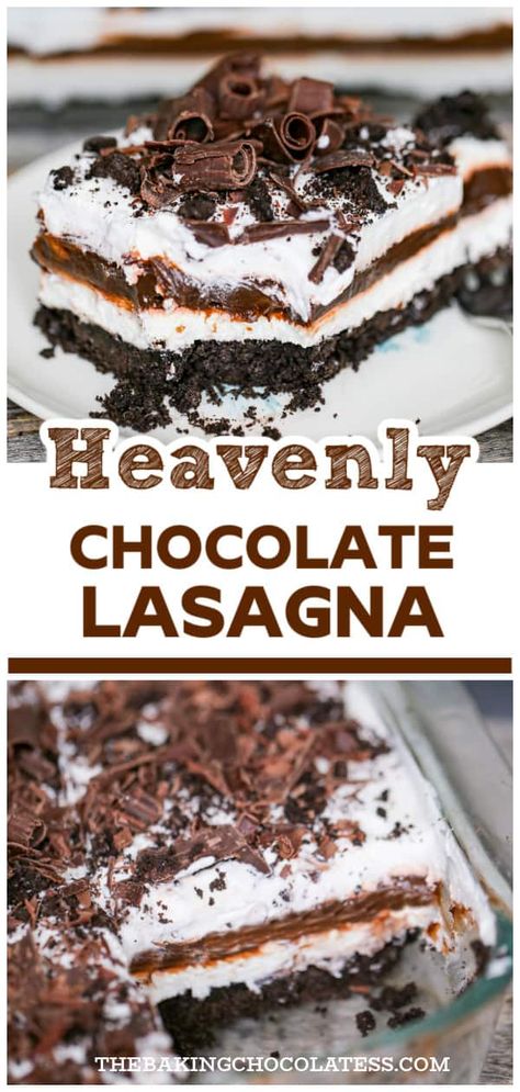 Chocolate Lasagna Layered Dessert No Bake Chocolate Lasagna Recipe, Chocolate Lasagne, Chocolate Lasagna Dessert, Pudding Desserts Layered, Lasagna Dessert, Layered Dessert Recipes, Chocolate Lasagna Recipe, Chocolate Pudding Desserts, Layered Dessert