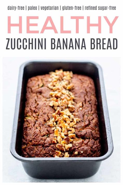 Healthy Zucchini Banana Bread - Haute & Healthy Living Healthy Banana Zucchini Bread, Zucchini And Banana Bread Recipes, Banana Bread Without Sugar, Livingood Recipes, Super Healthy Breakfast, Zucchini Banana Bread Recipes, Healthy Sour Cream, Banana Zucchini, Zucchini Loaf