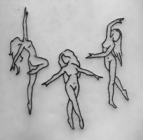 Feminist Tatoos Ideas, Dancing Goddess Tattoo, Dance Circle Tattoo, Alt Small Tattoos, Witch Dance Tattoo, Happy Angel Tattoo, Dance Silhouette Tattoo, 3 Women Dancing Tattoo, Dancing Women Drawing