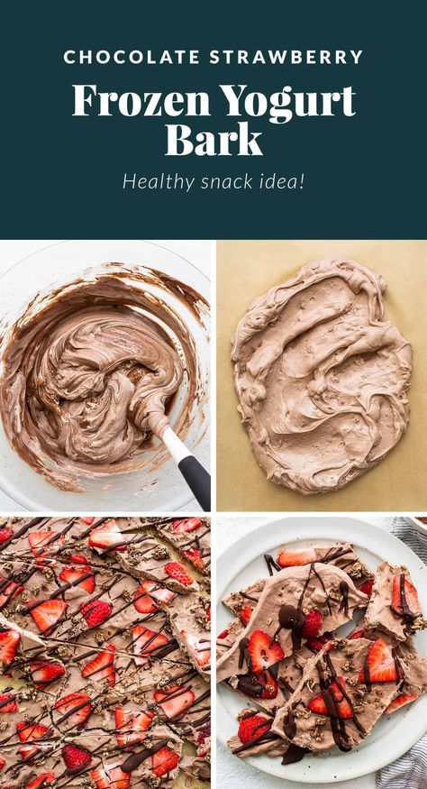 This chocolate strawberry frozen yogurt bark is deliciously flavorful thanks to sliced strawberries, granola and drizzled with chocolate. Yum! Healthy Frozen Bark, Fruit Yogurt Bark, Frozen Bark Recipes, Strawberry Chocolate Greek Yogurt Bark, High Protein Frozen Yogurt Bark, Frozen Strawberry Chocolate Dessert, Sugar Free Yogurt Bark, Frozen Yogurt Bark With Berries, Yoghurt Bark Recipe