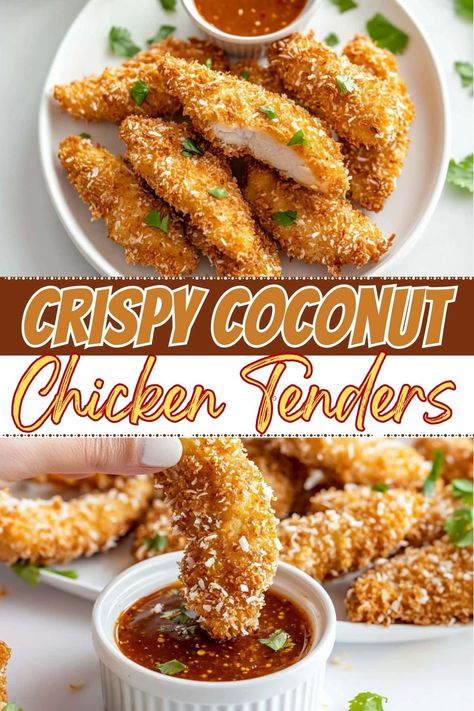 These crispy coconut chicken tenders are too good to miss! The slightly sweet coconut flavor takes them straight over the top. Coconut Chicken Fingers, Crispy Coconut Chicken, Crispy Coconut Chicken Tenders, Coconut Fried Chicken, Coconut Crusted Chicken Tenders, Coconut Crusted Chicken, Coconut Chicken Tenders, Fried Chicken Nuggets, Coconut Lime Chicken