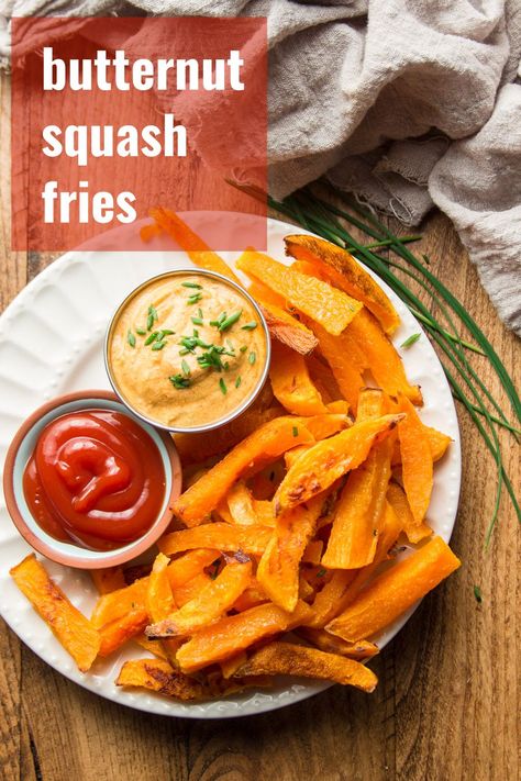 Bursting with sweetness and baked (not fried!) to crispy perfection! These butternut squash fries are deliciously addictive and easy to make. The perfect side dish for your next veggie burger night! Naturally vegan and gluten-free! #fries #butternutsquash #sidedish Butternut Squash Fries, Squash Fries, Sweet Fries, Healthy Vegan Dinner Recipes, Side Salad Recipes, Vegan Snack Recipes, Easy Vegan Dinner, Vegan Side Dishes, Vegan Sides