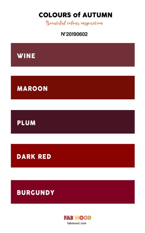 Pretty Autumn Color Palette of Wine + Maroon + Plum + Dark Red and Burgundy #color #autumn #fallcolor Plum Color Palettes, Maroon Color Palette, Burgundy Colour Palette, Deep Autumn Color Palette, Autumn Color Palette, Pantone Colour Palettes, Wine Red Color, Red Colour Palette, Fall Color Palette