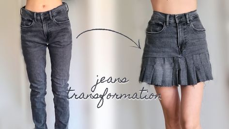 A transformation from an old damaged paired of jeans to a pleated mini skirt Refashion Jeans To Skirt, Denim Pants Into Skirt, Long Skirt Upcycle, Jean Skirt Made Out Of Old Jeans, Sewing With Old Jeans, Denim Pants To Skirt, Make Jeans Into Skirt, Jeans To Jean Skirt, Skirt Made From Old Jeans