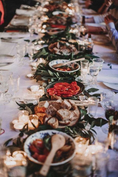 Wedding Food Table Decorations, Table Decorations Candles, Italian Wedding Foods, Reception Aesthetic, Family Style Weddings, Food Table Decorations, Wedding Food Table, Long Table Wedding, Wedding Candles Table