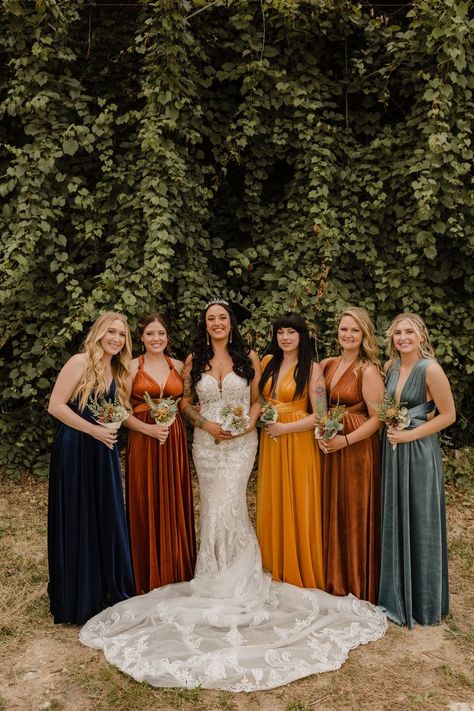 Gem Tones Wedding, Boho Wedding Bridesmaid Dresses, Bridesmaid Dresses Different Colors, Jewel Tone Bridesmaid, Boho Wedding Bridesmaids, Sophisticated Boho, Fall Wedding Color Palette, Gem Tones, Bridesmaids Dress Inspiration