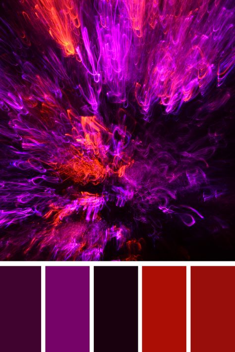 A vibrant red and purple color palette with dynamic light trails in vivid purple and fiery red, creating an explosive and energetic visual effect that resembles abstract fireworks. Red Purple Color Scheme, Red Purple Color Palette, Red And Purple Color Palette, Dark Purple Color Palette, Vivid Color Palette, Color Scheme Generator, Purple Color Palette, Dynamic Light, Purple Red Color