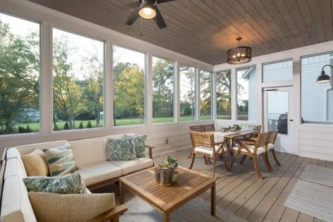 3 Season Porch Ideas Sunroom Farmhouse, Sunroom With Lots Of Windows, Sunroom With Deck On Top, Sunroom Second Floor, Sunroom Renovation Ideas, Mud Room Sunroom, Patio Conversion To Room, Sunrooms Patio Enclosures, Sunroom Screen Porch Combo