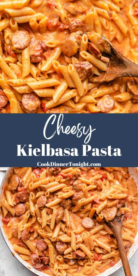 Cheesy Kielbasa Pasta Meals To Make With Kielbasa, One Pan Kielbasa Pasta, Macaroni And Kielbasa, Crockpot Kielbasa Pasta Recipes, Simple Kielbasa Recipes, Kielbasa Pasta Vodka Sauce, Easy Pasta Supper Ideas, Non Greasy Dinner Ideas, Kielbasa Sheet Pan Dinners