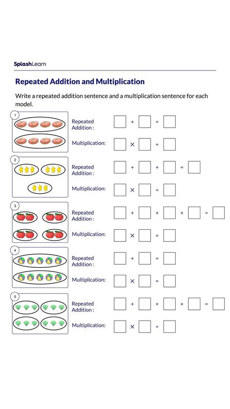 This worksheet is designed to develop an intuitive understanding of addition and multiplication by using visual-aid and completing sentences. These help children appreciate the relationship between addition and multiplication. Students will work with numbers within 10. #multiplicationworksheetsforkids #multiplicationmadeeasy #mathandaddition #additionworksheetsforkids /#additionmadeeasy #multiplicationworksheetsforfifthgraders #additionworksheetsforfifthgraders Addition And Multiplication Worksheets, Simple Multiplication Worksheets, Repeated Addition Worksheets, Free Printable Multiplication Worksheets, Repeated Addition Multiplication, Array Worksheets, Printable Multiplication Worksheets, Multiplication Arrays, Multiplication Strategies