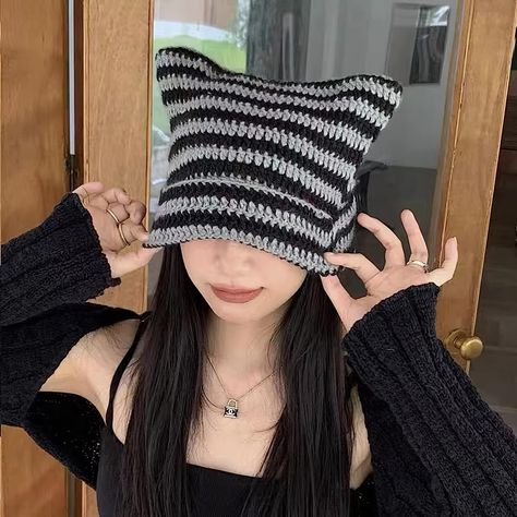 Gorros Aesthetic, Cat Ears Hat, Cat Eared Beanie, Crochet Hat For Women, Cat Beanie, Cap Girl, Bonnet Crochet, Knitted Cat, Beanie Hats For Women