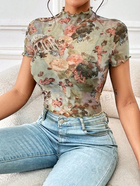 Women's & Men's Clothing, Shop Online Fashion Mock Neck And T Shirt, Fishnet Top, Leisure Fashion, Friend Outfits, Floral Print Shorts, Fashion Seasons, Printed Tees, Ruffle Trim, Flower Print