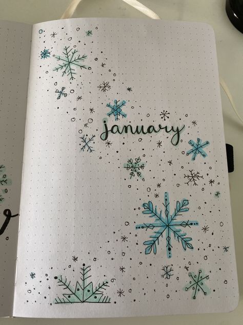 Calender Journal Aesthetic, Ways To Write January, January Bujo Ideas, January Scrapbook Page, January Bujo Theme, Bujo January Theme, Bullet Journal Ideas January, January Drawings, January Tracker