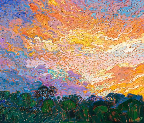 Dappled Clouds - Official Website Clouds Acrylic, Erin Hanson, Contemporary Impressionism, Modern Impressionism, Colorful Clouds, Dappled Light, Green Paintings, Impressionism Art, Cloud Painting