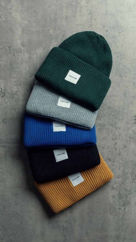 Beanie Collection Display, Trendy Solid Beanie For Streetwear, Hat Product Photography Ideas, Beanie Hat Outfit Men, Beanie Flat Lay, Cap Product Photography, Casual Beanie For Streetwear, Beanie Product Photography, Beanie Designs Ideas