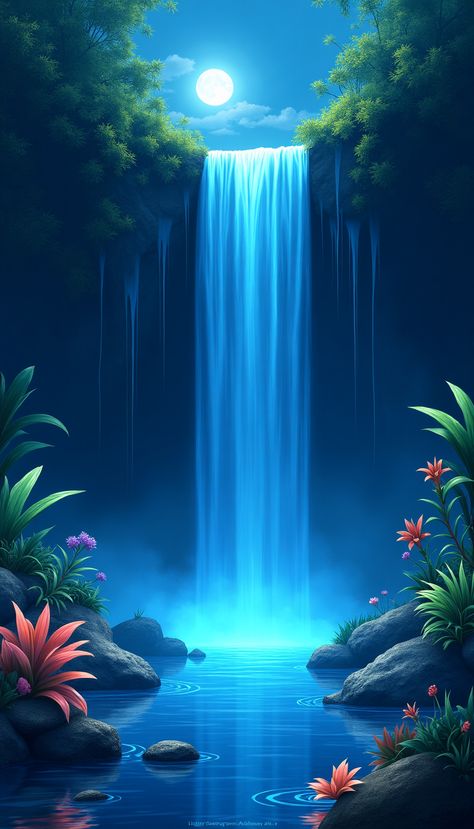 A captivating waterfall scene illuminated by a luminous blue moon, surrounded by lush foliage and delicate, glowing flowers. The atmosphere is serene, with the gentle sound of cascading water immersing you in tranquility. Stars twinkle in the night sky, reflecting on the crystal-clear water below, creating a magical and enchanting ambiance. Moon Waterfall, Night Waterfall, Glowing Flowers, The Night Sky, Crystal Clear Water, Blue Moon, Clear Water, Night Sky, Night Skies