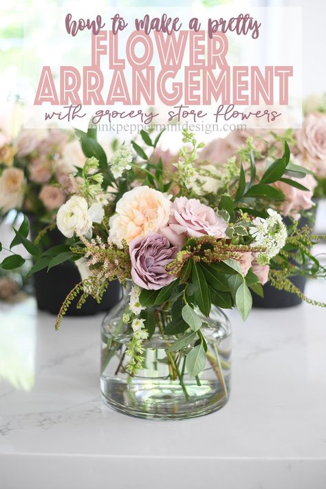 Learn how to make a pretty flower arrangement with easy to find and inexpensive grocery store flowers in this simple tutorial. #DIY #flowerarranging #Decor #Wedding #BridalShower #PinkPeppermintDesign Diy Flower Arranging Tutorials, Diy Real Flower Arrangements, Simple Arrangements Floral Design, Simple Pink Floral Arrangements, Flower Arrangements Vase Ideas, Diy Flowers In Vase, How To Make A Flower Arrangement Vase, Fresh Flower Centerpieces Simple, Simple Diy Flower Arrangements