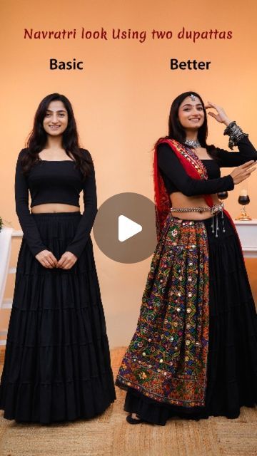 Styleyouraura ✨ Fashion | Style | Clothing Trends on Instagram: "Styled a Navratri outfit from scratch! 
Using two colorful dupattas (you can use any two colorful dupattas you have at home) + a simple black skirt and black crop top, and you're ready to go! 💃✨

Comment 'Navratri' or share this video to my DMs to get links for these Navratri outfits and More! 👗💃🔗
.
{Basic Vs Better, Basic Look, Better Style, Styles a Navratri Outfit, Navratri Outfit, Navratri Look, Navratri Special, Festive Vibes, Dupatta Drape, Ethnic Elegance, Dandiya Vibes, Navratri Styling, Traditional Navratri Outfits, Fashion, Style Goals, Fashion Forward, Festive Reels}

#basicvsbetter #styling #navratrioutfit #croptop #dupatta #blackskirt #navratrispecial #navratrioutfit #festivewear #garbalook #ethnicwear #dandi Dupatta As Skirt, Garba Draping Styles, Navratri Simple Look, Black Skirt Outfit Traditional, Navratri Skirt And Top, Navratri Skirt Outfit, How To Style Dupatta For Navratri, Dupatta For Navratri, Dandiya Dupatta Draping