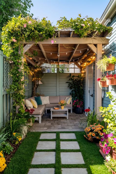 Cozy backyard pergola with string lights, surrounded by lush plants and flowers, featuring a small seating area. Small Yard Remodel, Side Of House Ideas Small Spaces, Small Yard Gazebo Ideas, Small Suburban Backyard Ideas, Small Backyard Diy Ideas, Backyard Sitting Area Ideas Garden Nook, Pergola Small Backyard, Tiny Garden Ideas Backyards, Tiny Backyard Ideas On A Budget