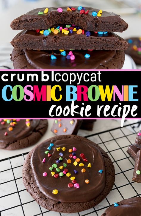 Cosmic Brownie Cookies are a super fudgey cookie topped with a thick fudge glaze and colored chocolate chips on top. This is a Crumbl Cookies copycat recipe that will change everything! Cookies By Design Copycat, Crmble Cookie Recipes, Cookie Recipes Fun, Brownie Fudge Recipes, Cosmo Cookies, Crumbl Cookie Copycats, Crumb Cookie Recipe, Cookie Recipes Crumble, Brownie Crumble Cookies