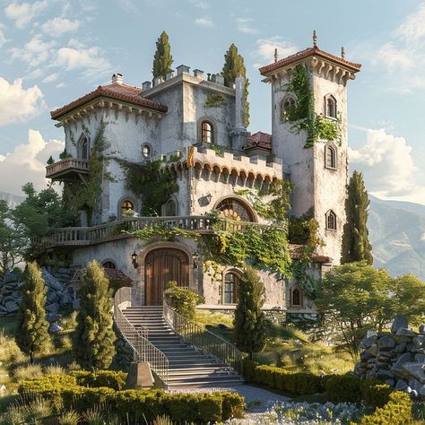 Castle Type Houses, Bloxburg Italian House, Mini Castle House, Modern Castle House, Unique House Exterior, Italian House Aesthetic, Mediterranean Castle, Italian House Exterior, Italian Home Exterior