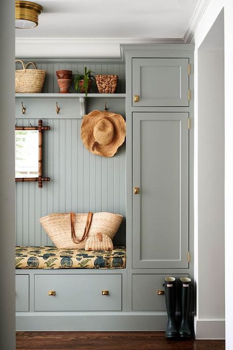 Cottage Style Mudroom, Gray Beadboard, Gray Mudroom, Beadboard Trim, Cottage Laundry Room, Mud Room Entry, Mudroom Decor, Mudroom Laundry Room, Mudroom Design