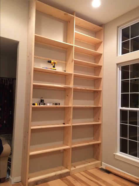 Built-In Bookshelves DIY Homemade Bookshelves, Diy Bookshelf Wall, Diy Built In Shelves, Pallet Deck Diy, Floor To Ceiling Bookshelves, Bookcase Diy, Diy Dresser Makeover, Diy Accent Wall, Wall Bookshelves