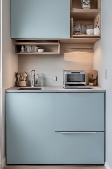 Modern compact kitchen with light blue cabinets and a small sink, adorned with utensils, glassware, and small appliances. Kitchennete Small Design Diy, Tiny Apartment Plan, Smart Small Kitchen Ideas, Small Home Solutions, Gym Kitchenette, Micro Kitchen Ideas, Small Kitchenette Design, Mini Kitchen In Bedroom, Small Kitchen Studio