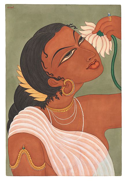 Y. G. Srimati | Woman with Lotus | India (Chennai) | The Met Indian Illustration, South Asian Art, Indian Art Gallery, Indian Painting, Indian Woman, Indian Folk Art, Indian Artist, Indian Paintings, Indian Art Paintings