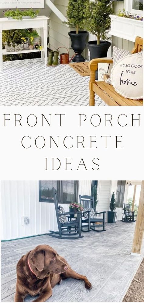 Stained Concrete Porch, Front Porch Concrete Ideas, Porch Concrete Ideas, Painted Porch Floors, Concrete Front Porch, Paint Concrete Patio, Front Porch Concrete, Concrete Patio Makeover, Front Porch Makeover