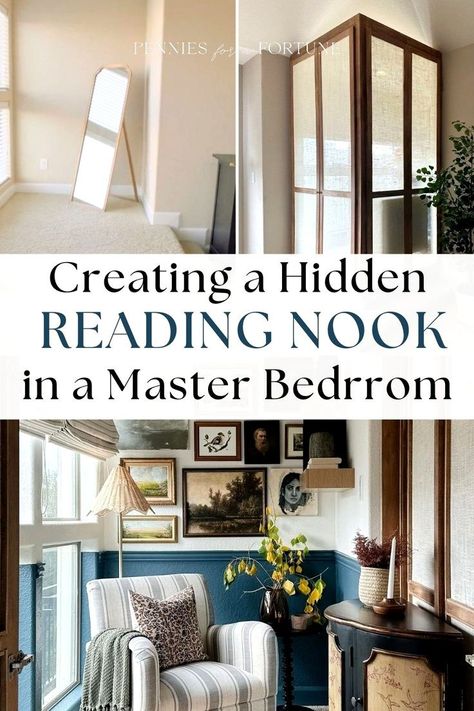 Whether it’s a bedroom nook, angled ceiling, or dysfunctional layout, using the right DIY tricks can turn problem spaces into complete showpieces. Nooks come in different shapes and sizes, and with some thought, creativity, and determination, you can transform these awkward spaces into picturesque areas in your home! Check out this home renovation project where I transformed an elevated platform in the master bedroom into an elegant reading space. Bedroom Nook Ideas Master Window, Reading Nook In Master Bed, Reading Nook In Master, Empty Space In Bedroom, Hidden Reading Nook, Bedroom Nook Ideas Master, Bedroom Alternative, Accent Wall Trends, Small Home Library Ideas