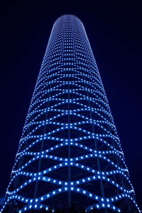 Tower of Ring,© Koichi Torimura Exterior Lighting Design, Construction City, Architectural Lighting Design, Tower Light, Facade Lighting, Geometric Architecture, Bubbles Wallpaper, Office Tower, Point Light