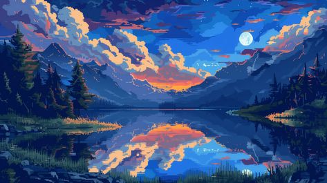 pixel art of blue and white clouds over mountains, a lake with reflections, trees, grassy hills, a sun in the sky, a digital painting in the style of pixelart, desktop wallpaper, 4k wallpaper for pc Digital Art Pc Wallpaper, Pixel Art Aesthetic Landscape, Macbook Wallpaper 1080p Aesthetic, Anime Places Wallpaper Desktop, Pretty Wallpapers Computer, 1280x720 Background Aesthetic, Cute Wallpapers Desktop Backgrounds, Clouds Pc Wallpaper, Wallpaper Backgrounds Pc 4k