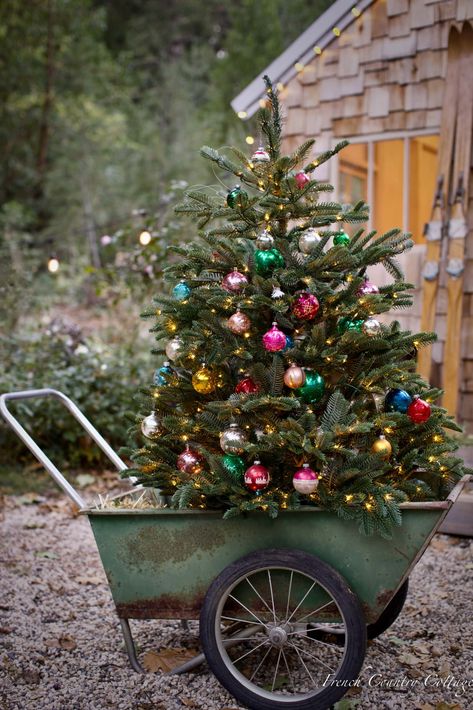 How to decorate with small Christmas trees - French Country Cottage French Country Cottage Christmas, Tulip Candle, French Country Christmas, Outdoor Christmas Tree, French Christmas, Farmhouse Christmas Tree, Christmas Giveaways, Cottage Christmas, Natural Christmas