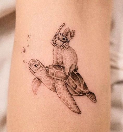 Turtle Rabbit Tattoo, Animal Hybrid Tattoo, Cat And Turtle Tattoo, Turtle And Hare Tattoo, Tasmania Tattoo Ideas, Turtle And Fish Tattoo, Water Animal Tattoo Ideas, Cool Rabbit Tattoo, Turtle Sleeve Tattoos For Women