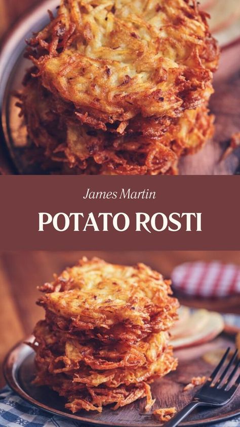 James Martin’s Potato Rosti is a quick and savory dish made using grated white potatoes, flour, egg whites, and seasonings like garlic powder and onion powder. In just 10 minutes, you can have a perfectly pan-fried potato that is both crispy and tasty. Egg And Potatoes Recipes, Potatoe Rosti Recipe, Rosti Potatoes Recipes, Potatoes Rosti, White Potato Recipes, Finger Meals, Potatoe Pancakes, Potato Rosti Recipe, Quick Potato Recipes