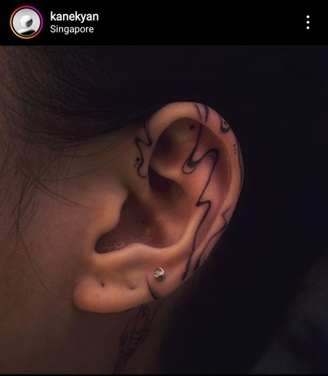 kanekyan on ig Ear Abstract Tattoo, Black Ear Tattoo, Inner Ear Tattoo With Piercing, Ear Tattoos Inner, Abstract Ear Tattoo, Ear Tattoos For Women Inner, Ear And Neck Tattoos, Ear Line Tattoo, Under Ear Tattoo