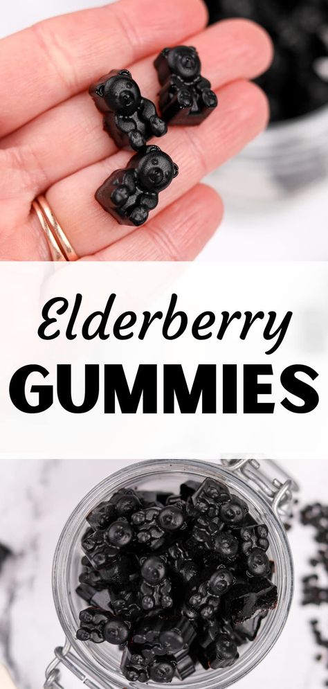 This easy elderberry gummies recipe is perfect for kids, and a great way to get all of the benefits of elderberry syrup in a delicious gummy. This DIY recipe is made with beef gelatin, but includes instructions for a vegan option made with agar agar too. Use gummy bear molds, OR pour it into a simple baking dish and cut into squares. The perfect Winter recipe for cold and flu season! Benefits Of Elderberry Syrup, Elderberry Gummy Recipe, Benefits Of Elderberry, Gummy Recipe, Homemade Gummy Bears, Homemade Gummies, Elderberry Syrup Recipe, Homemade Elderberry, Elderberry Recipes