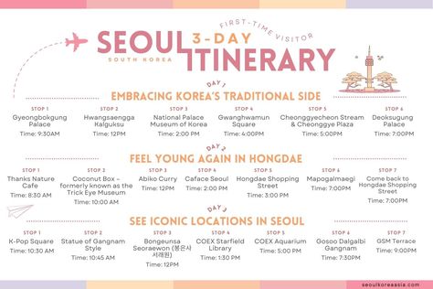 Seoul Itinerary 4 Days, Seoul Checklist, Seoul 3 Days, Seoul 5 Days Itinerary, Korea Itinerary 5 Days, Seoul To Do List, Seoul Map Travel, Japan And South Korea Itinerary, 3 Days In Seoul