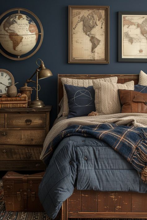 33 Mens Bedroom Ideas and Designs 33 Vintage Theme Bedroom Ideas, Explorer Theme Bedroom, History Bedroom Theme, Moody Nautical Bedroom, Sailing Bedroom, World Bedroom Ideas, Lakehouse Bedroom Ideas, Rocco Bedroom, Marine Bedroom