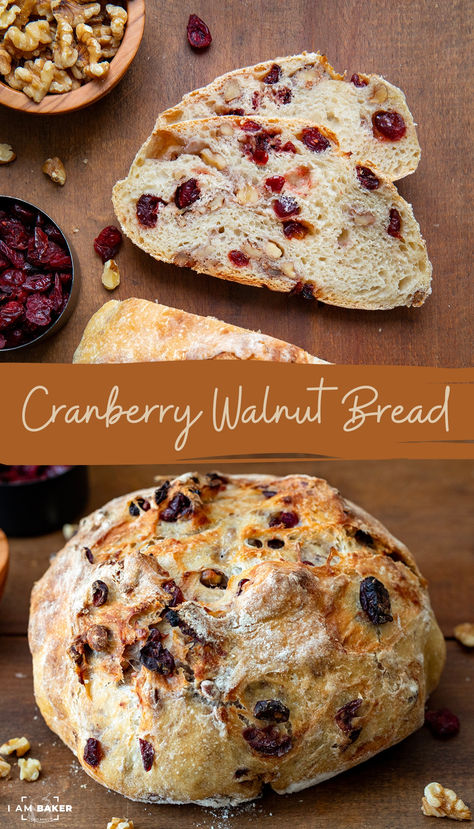 Cranberry Walnut Bread is a hearty, rustic bread with a soft, chewy texture filled with dried cranberries and chopped walnuts for a nutty crunch. And, you will not believe how easy it is to prepare! There is a rise time, but don’t skip that if possible. That is part of what makes this bread so delicious with the best flavor! Cranberry Orange Walnut Bread, Dried Cranberries Recipes, Hearty Bread, Cranberry Nut Bread, Walnut Bread Recipe, Cranberry Walnut Bread, Cranberry Bread Recipes, Thanksgiving Bread, Oven Bread