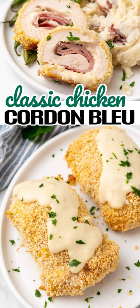 Delicious Chicken Cordon Bleu will impress any guest! Prep only take 20 minutes but the result tastes like you spent hours in the kitchen! #Realhousemoms #chicken #cordonbleu #cordonbleuchicken #easyrecipe #maindish #cheese #datenight Cordon Bleu Chicken Recipe, Fried Chicken Cordon Bleu, Chicken Cordon Bleu Baked, Joanna Gaines Chicken Cordon Bleu, Main Dishes For Dinner Easy, Chicken Cordon Bleu Recipes, Chicken Cordon Bleu Gluten Free, Crispy Creamy Chicken Cordon Bleu, Cordon Blue