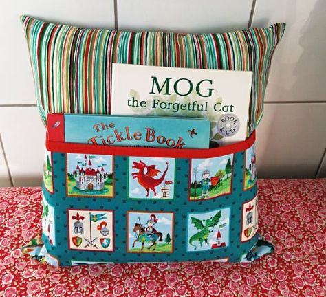 Boy Sewing Projects, Reading Cushion, Cushion Sewing, Fabric Storage Cubes, Boy Sewing, Sewing Cushions, Book Pillow, Reading Pillow, Sewing Pillows