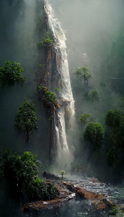 Waterfall, aiart, midjourney.ai, dense forest, fog and mist Dense Forest Photography, Waterfall Landscape Photography, Dense Forest Aesthetic, Forest Fog Aesthetic, Foggy Waterfall, Waterfall Fantasy Art, Beautiful Waterfalls Photography, Waterfalls Scenery, Fantasy Waterfall