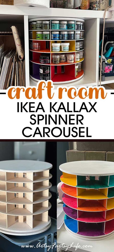 Wicked Cool Ikea Kallex Carousel Spinner Craft Storage Small Space, Craft Room Small Space Ideas, Craft Work Bench, Tiny House Craft Room, Carousel Storage, Small Craft Storage Ideas, Crafting Corner Ideas Small Spaces, Craft Wall Storage, Ikea Craft Room Organization