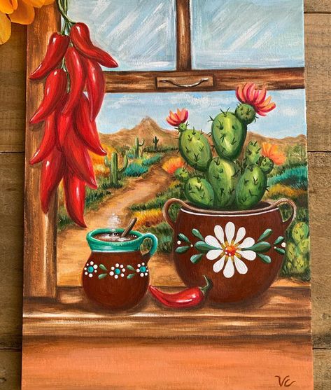 Mexican Paintings Ideas, Chile Ristra, Mexican Art Painting, Mexican Artwork, Hispanic Art, Mexican Paintings, Mexican Wall Art, Mexican Culture Art, Cactus Painting