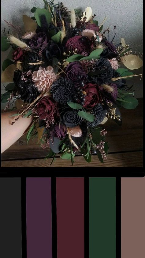 Dark Wedding Colour Palettes, Plum And Hunter Green Wedding, Wedding Dark Purple Color Schemes, Dark And Moody Color Scheme, Moody Purple Fall Wedding, Navy Blue And Plum Wedding Color Schemes, Eggplant Complimentary Colors, Plum Green Black Wedding, Green And Purple Gothic Bedroom