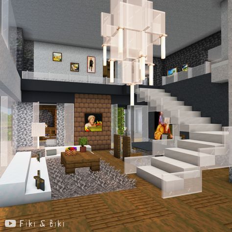 Minecraft build videos on our YouTube channel: Fiki & Biki 🐔 Mincraft Idea Interior Houses, Minecraft Couches Ideas, Minecraft Decorations Living Room, Minecraft Living Room Modern, Stairs In Minecraft House, Minecraft Townhouse Interior, Black Modern Minecraft House, Minecraft Modern Chandelier, Modern Living Room Minecraft