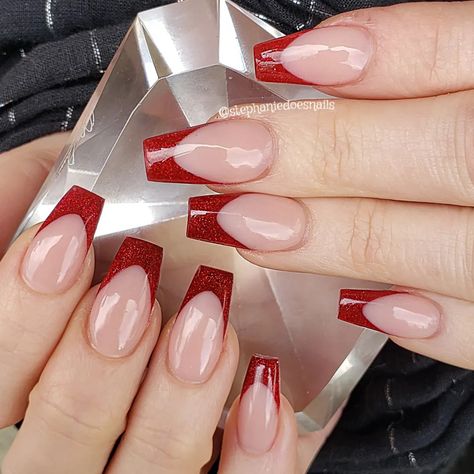 Red Chrome French Tip Nails Coffin, Red And White French Tip Nails Square, Red French Tip Nails Coffin Medium, Red Glitter French Tip Nails Coffin, Red French Tip With Gold Line, Red Nails Ballerina Shape, Red French Nails Coffin, Dark Red French Tip Nails Coffin, Red V French Tip Nails